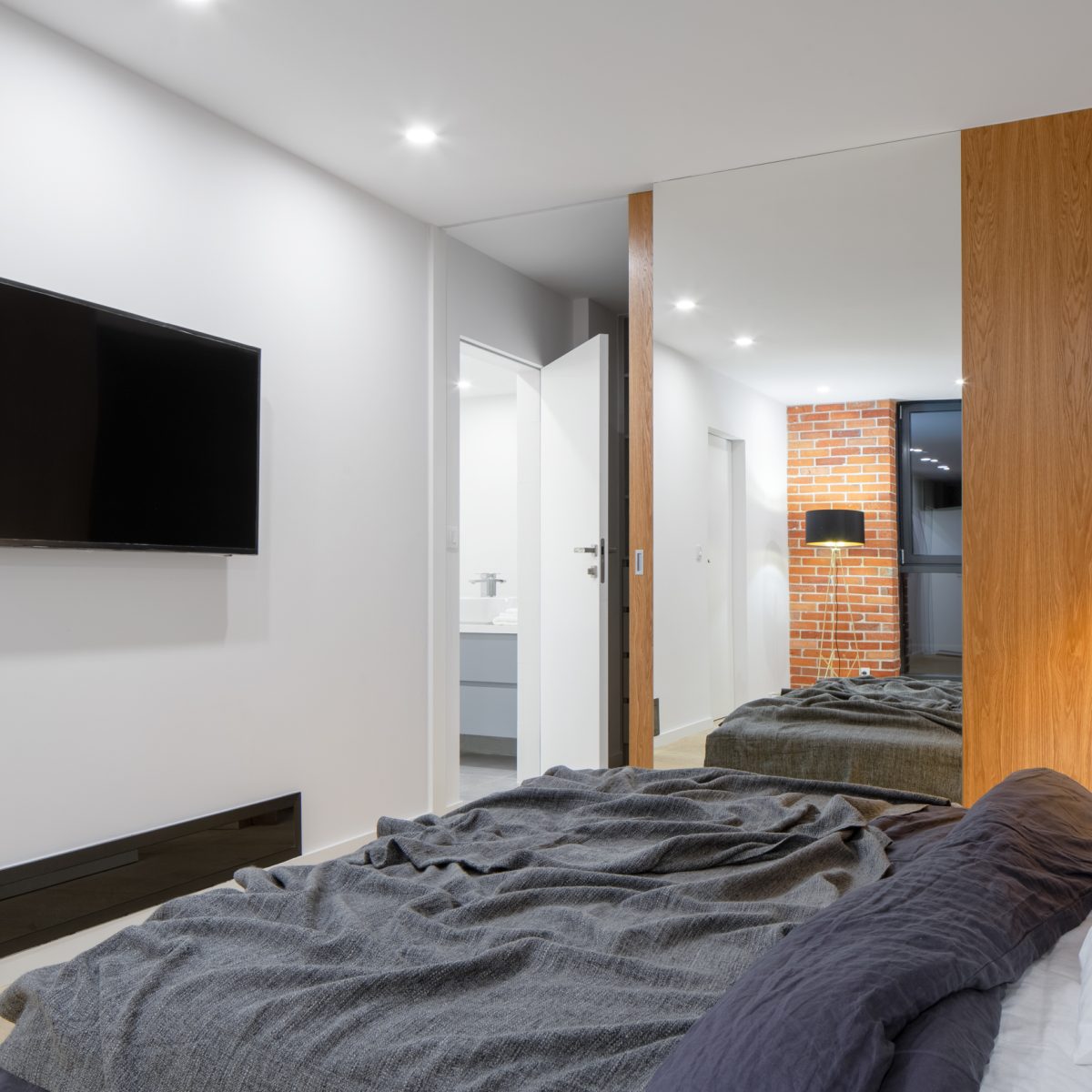 Modern bedroom with bathroom